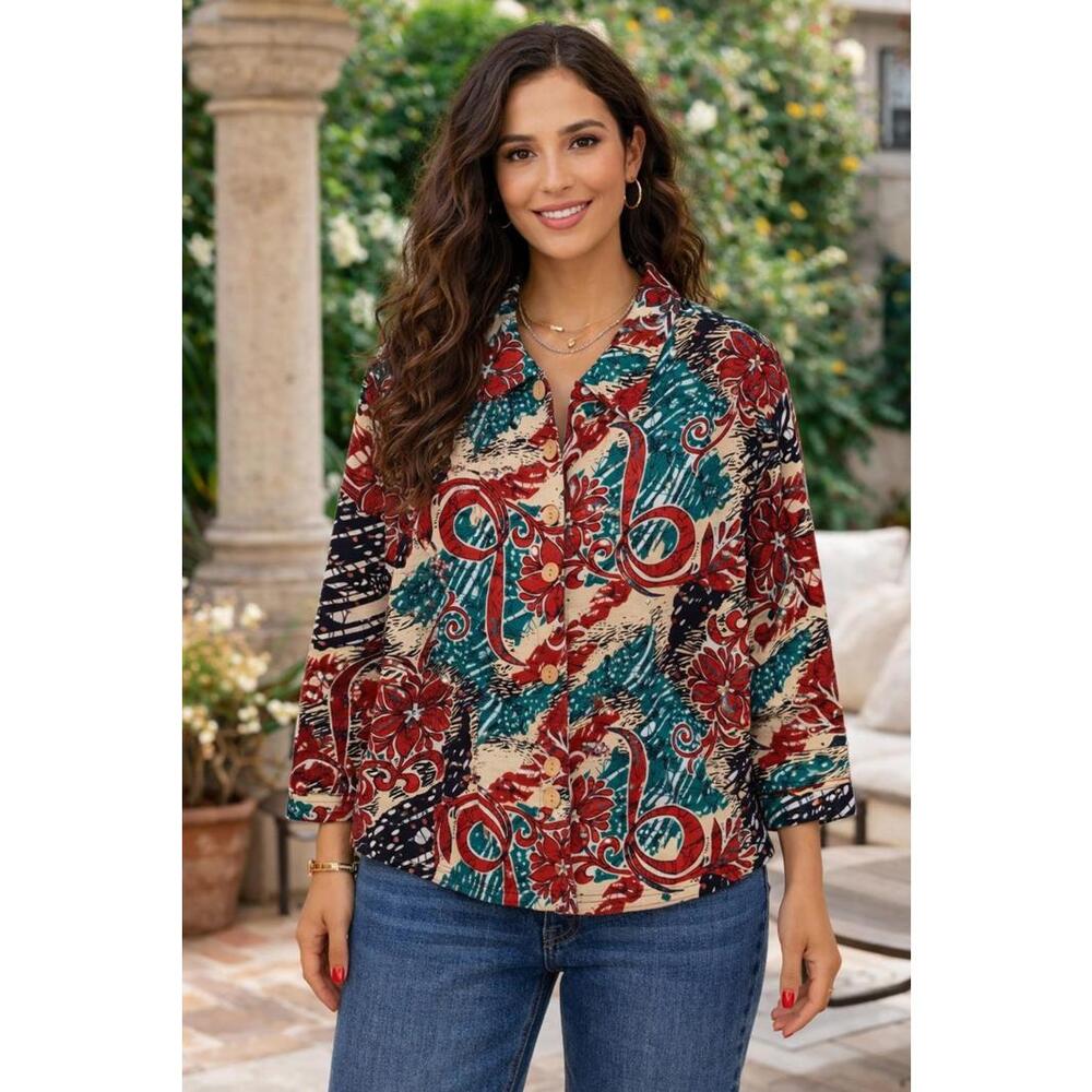 Life Style Women's Colorful Floral Embellished Cotton Shacket Button Front, 2X
